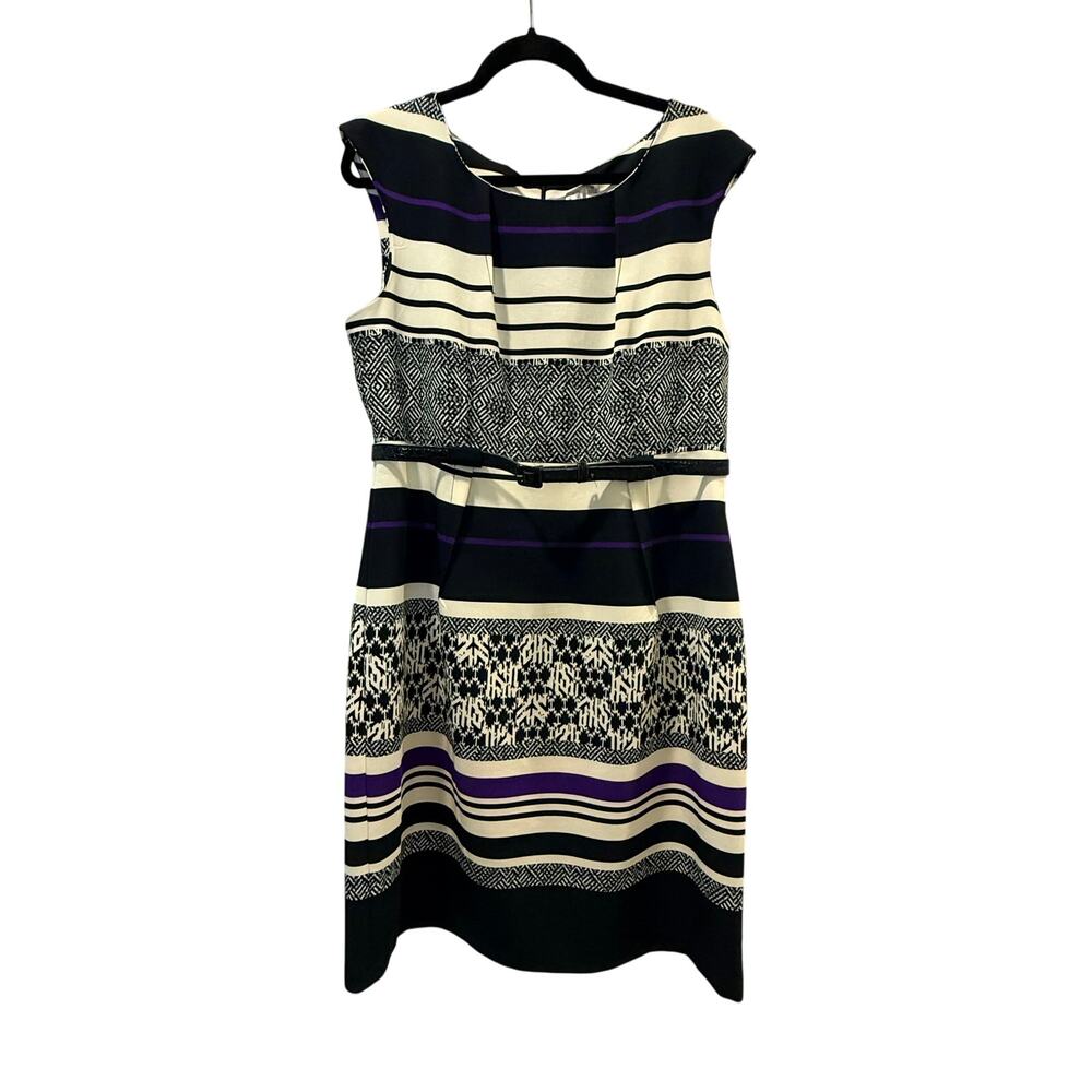 Emma & Michele sheath dress, Size 16, bold geometric, black, white, and purple.